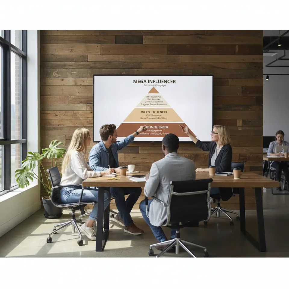 A tiered pyramid or infographic depicting the four types of influencers—mega, macro, micro, and nano—annotated with their follower ranges, typical engagement levels, and ideal campaign use cases