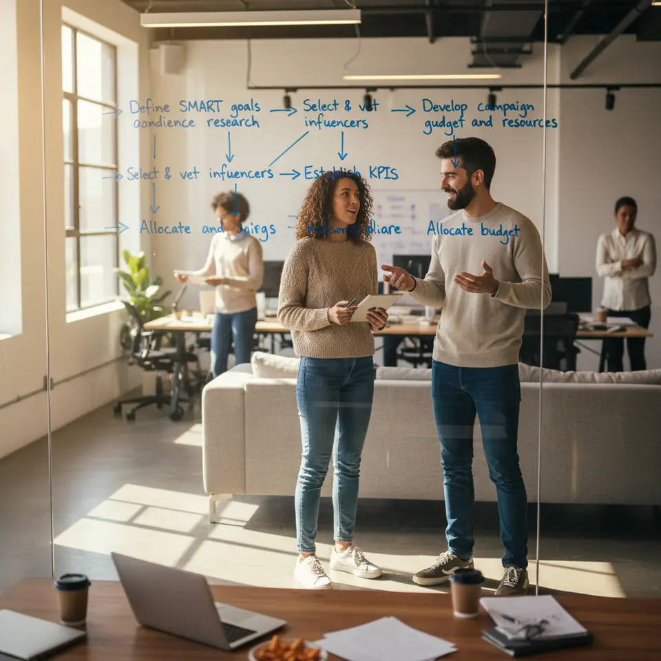 A linear flowchart or roadmap illustrating the strategic influencer marketing plan: Define SMART goals → Conduct audience research → Select & vet influencers → Establish KPIs → Develop campaign guidelines → Allocate budget and resources