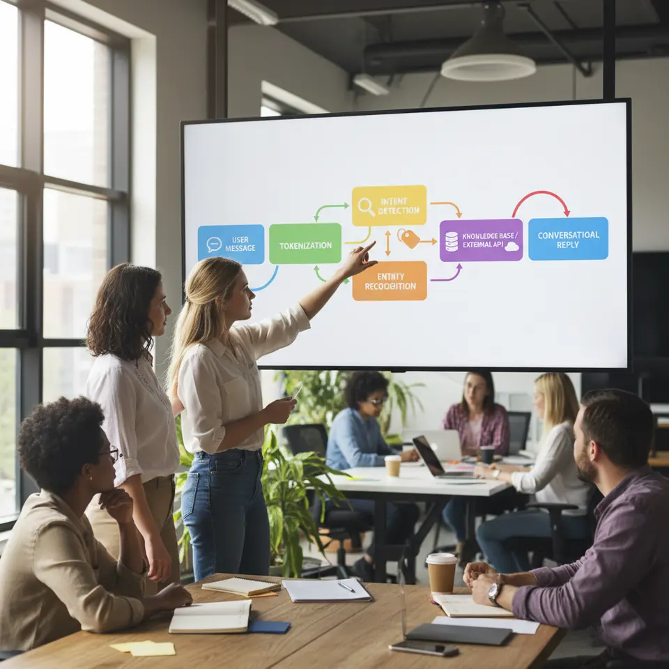 An infographic-style flowchart illustrating how an AI-driven chatbot processes user input: a user message enters a ‘Tokenization’ box, flows into ‘Intent Detection’ and ‘Entity Recognition’ modules, then connects to a ‘Knowledge Base / External API’ node, and finally returns a conversational reply. Use clean icons, arrows, and color-coded sections to highlight each step.