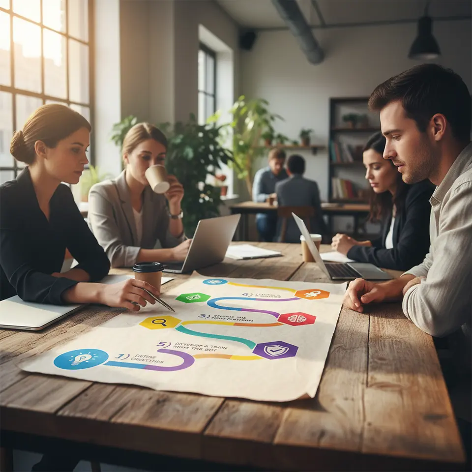 A visually engaging roadmap with six numbered steps for implementing chatbots in marketing: 1) Define Objectives, 2) Map Customer Journeys, 3) Choose the Right Platform, 4) Develop & Train the Bot, 5) Test Rigorously, 6) Launch & Monitor. Depict each step as a milestone along a winding path or timeline, with distinctive icons and vibrant colors.