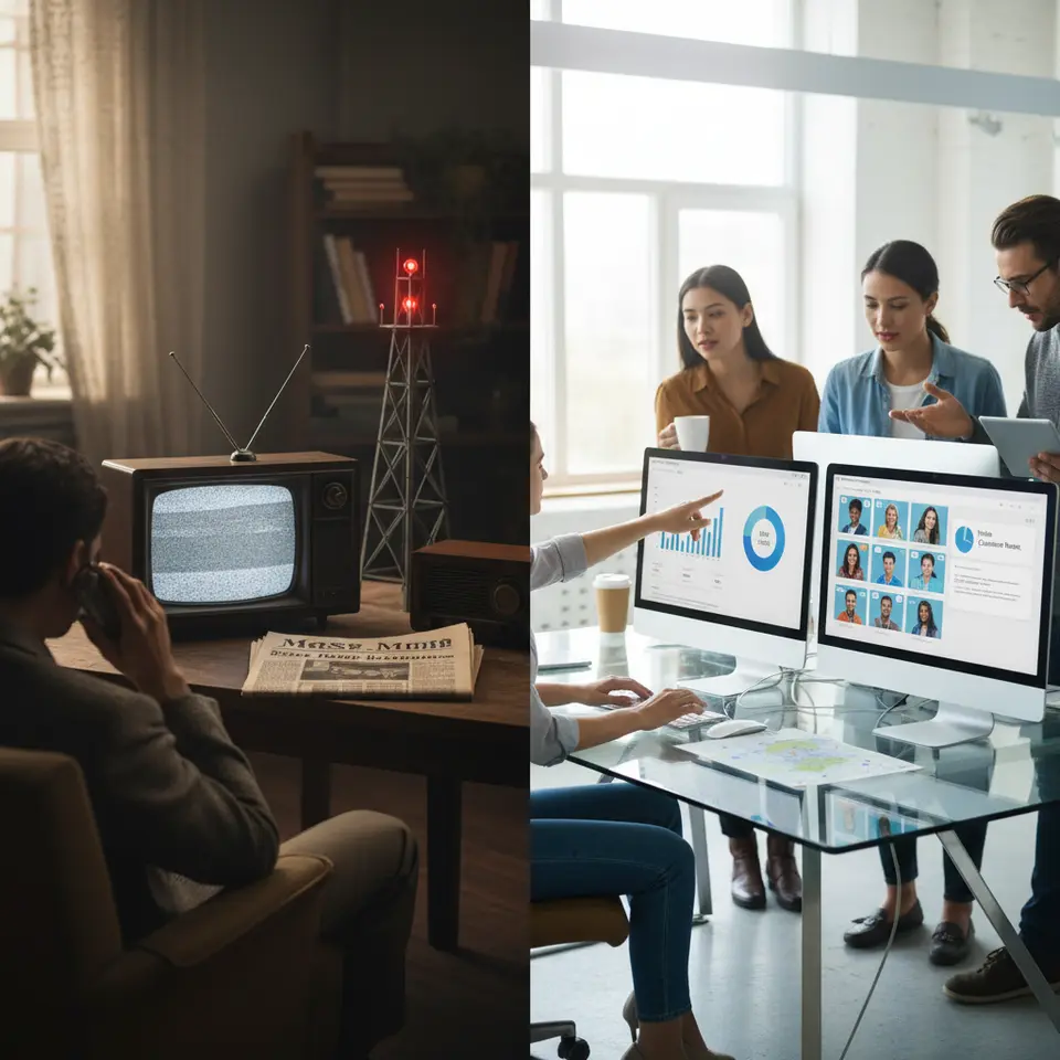 A split-screen timeline illustrating the evolution of brand messaging: on the left, vintage mass-media icons such as a newspaper, a retro TV set, and a radio tower; on the right, a modern digital marketing scene with CRM dashboards, segmented audience avatars, personalized email drafts, and data-driven ad targeting visuals—highlighting the shift from one-to-many broadcasts to one-to-one personalized communication.