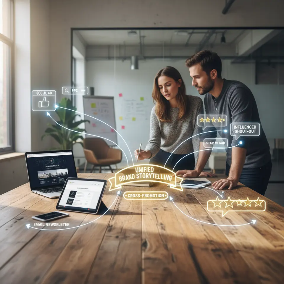 An interconnected media-synergy diagram showing paid, owned, and earned channels working together: paid media represented by social ad and PPC icons, owned media by a branded website and email newsletter, and earned media by influencer shout-out bubbles and star ratings; all three sets of icons linked by arrows to a central branded message banner, illustrating cross-promotion and unified brand storytelling.