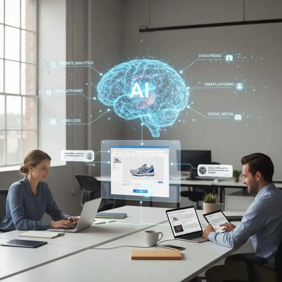 Real-Time Data Processing: Visualize multiple data streams—from website analytics, CRM platforms, and social media—flowing into an AI brain that instantly analyzes a user’s behavior (e.g., lingering on a product page) and triggers a personalized chatbot message or email offer in real time.
