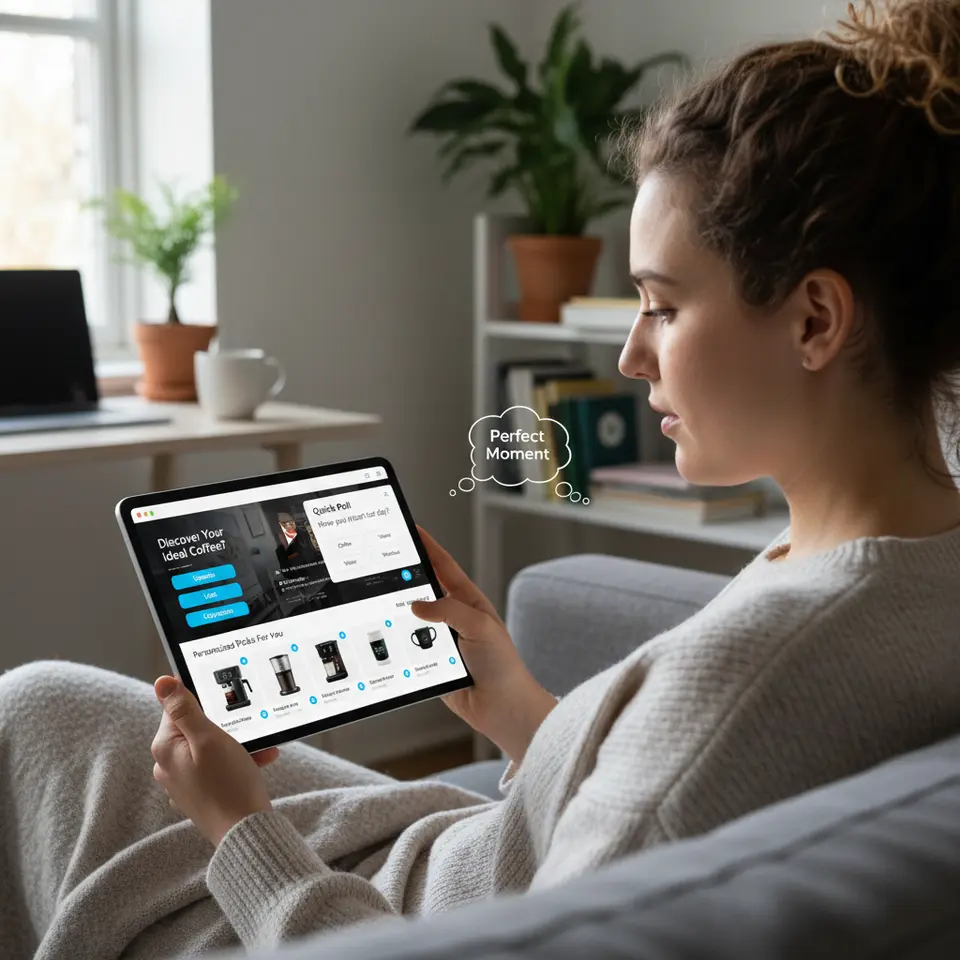 Interactive Content Assets in Action: Depict a dynamic web interface featuring AI-activated quizzes, polls, interactive videos, and personalized product carousels that pop up at the perfect moment based on user engagement signals.