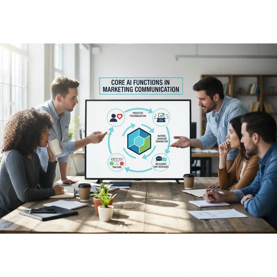 A bold infographic illustrating Core AI Functions in Marketing Communication: central hub with icons for Predictive Personalization (user profile with heart), Natural Language Generation (typewriter or text blocks), Intelligent Chat Interfaces (chatbot face), Sentiment Tracking (smiley-to-frown meter), and Automated Bidding (rising auction gavel), all connected by looping arrows to symbolize a self-optimizing feedback loop.