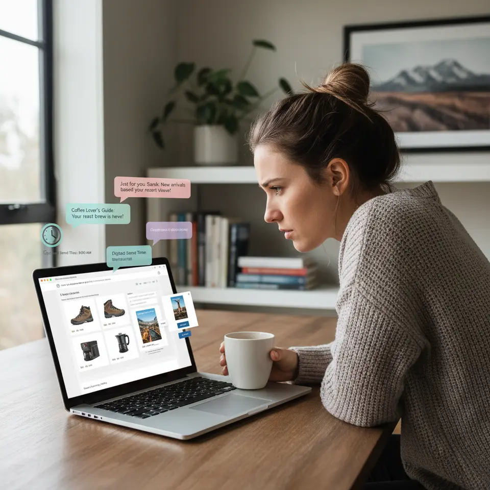 A dynamic email mockup showcasing Smart Email Strategies: an inbox view with AI-generated personalized subject lines hovering above, a clock icon indicating optimal send time, and live content blocks within the email that update on-the-fly with tailored e-commerce product recommendations based on user browsing history.
