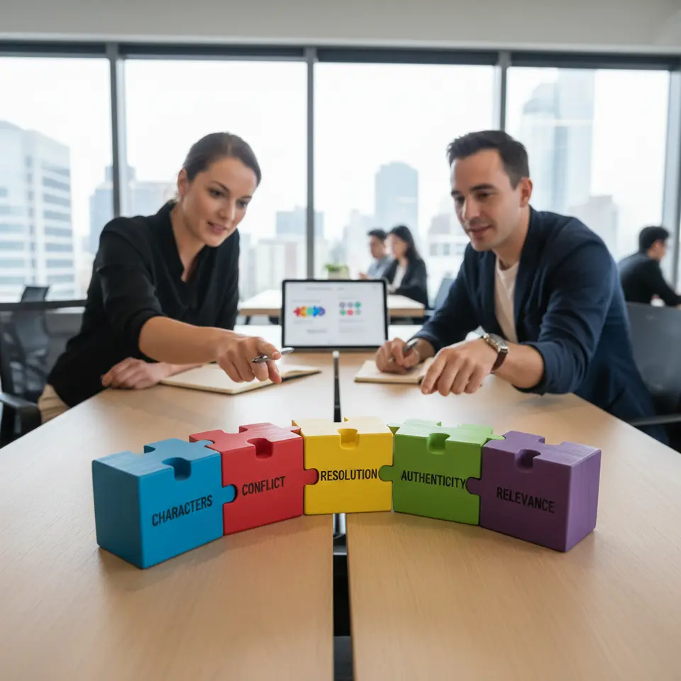 A stylized infographic of the five key components of a resonant brand story—Characters, Conflict, Resolution, Authenticity, Relevance—depicted as interlocking puzzle pieces or stacked building blocks, each labeled, on a clean, modern background to convey how they fit together into one cohesive narrative.