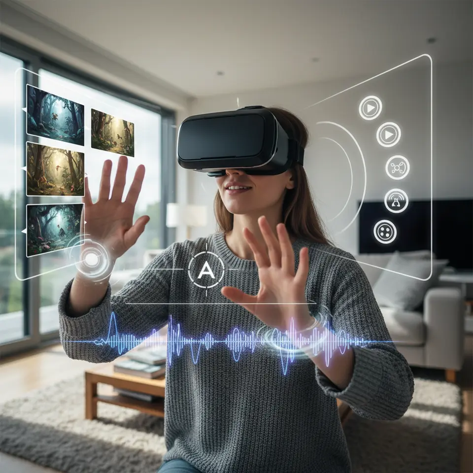 An immersive multimedia storytelling scene showing a person wearing a VR headset surrounded by floating holographic elements—cinematic video frames, interactive icons, soundwave visuals and sensory cues—with a subtle brand emblem guiding the experience, illustrating advanced techniques like AR/VR ‘show, don’t tell’ narrative.
