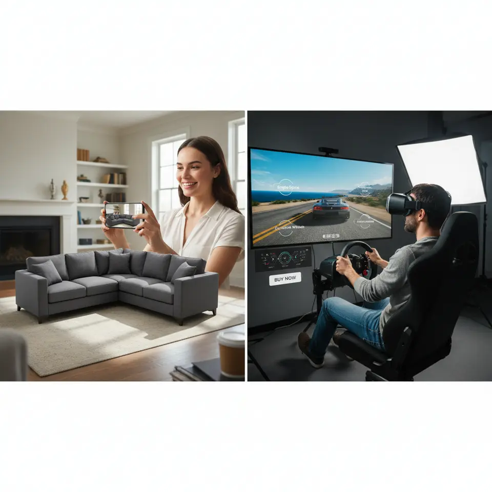 A dynamic split‐scene showing immersive shopping experiences: on one side, a smartphone AR overlay placing a virtual sofa in a real living room; on the other, a user wearing a VR headset taking a virtual car test-drive, plus an interactive video interface with clickable shoppable hotspots.